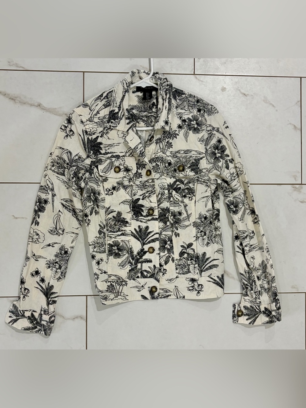 Tahari Black & White Tropical Print Linen Viscose Jacket S